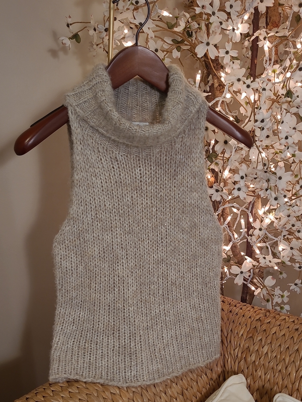 Cream/Beige Fuzzy Turtleneck Sleeveless Sweater